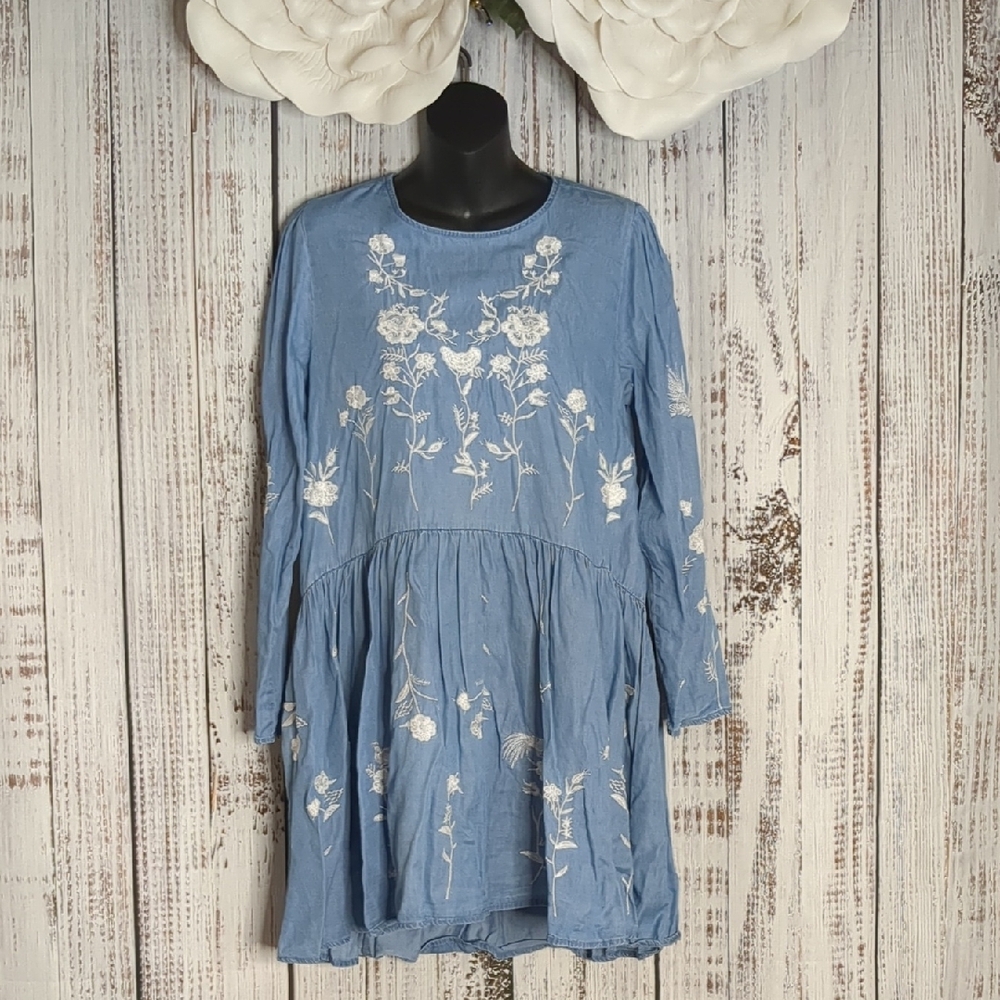 Philosophy Tencel Chambray Drop Waist Dress W/ Long Sleeves, Floral Embroidery - Picture 2 of 13